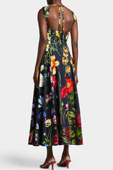 Robe mi-longue vintage à imprimé floral et perles sans manches pour les vacances à la plage - Noir